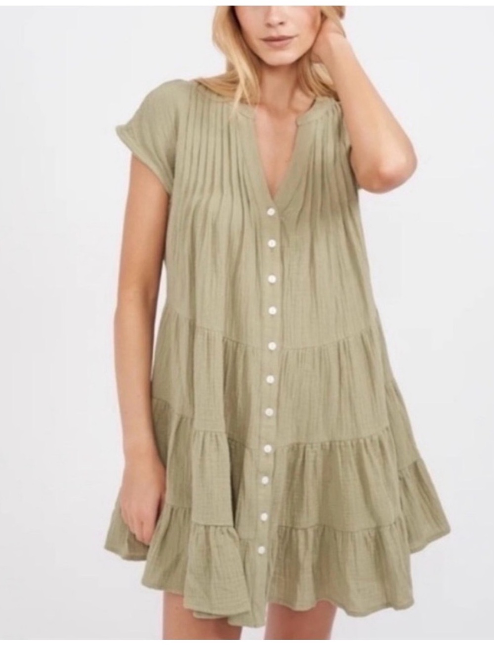 Pleated Olive Button-Front Tiered Mini Dress/coverup Marea by Liz Joy